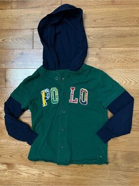 Polo Ralph Lauren Boys Size 6 Green Navy Layered Hooded Shirt POLO Logo